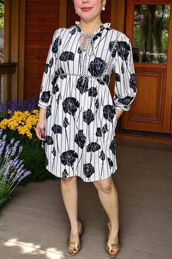 Women dress wholesaler Black floral & stripes with trim & 3/4 sleeves  GJQ16068