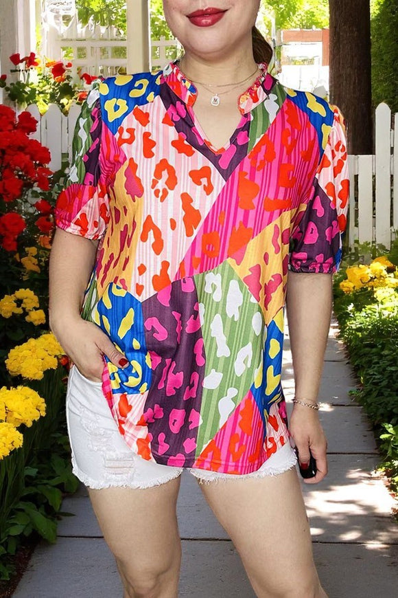 Multi color leopard prints & short sleeve women blouse V-neckline GJQ16134