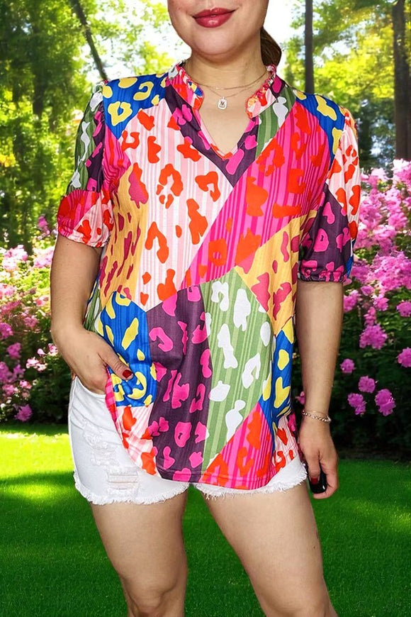Women's top vendors Multi color leopard prints & short sleeve & V-neckline GJQ16134