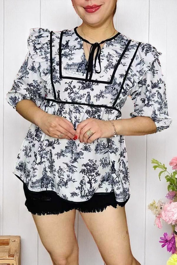 Shop western Horse riding printed baby doll short sleeves women blouse GJQ16135