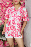 Women's clothing distributor Pink flower prints bell short sleeve top GJQ16151