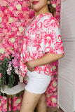 Women's clothing distributor Pink flower prints bell short sleeve top GJQ16151