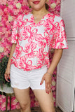 Women's clothing distributor Pink flower prints bell short sleeve top GJQ16151