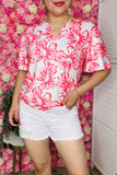 Women's clothing distributor Pink flower prints bell short sleeve top GJQ16151