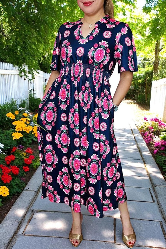 Maxi dress wholesale Floral printed & elastic waist & short sleeves GJQ16152