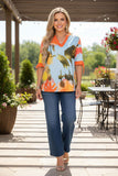 Western blue & yellow floral women's boutique blouse & lace trim v-neckline GJQ16164