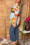 Western blue & yellow floral women's boutique blouse & lace trim v-neckline GJQ16164