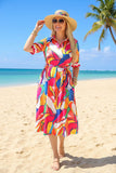 Trendy floral patterns red/white trim short sleeve boutique women's dress GJQ16190 AF