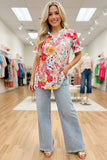 Chic floral printed & blue stripes ruffle short sleeve women's boutique top GJQ16229 CS7