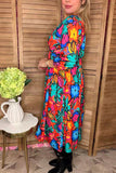 Orange & Blue & Fuchsia flower printed 3/4 sleeves women dress GJQ16289 (BS7)