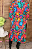 Orange & Blue & Fuchsia flower printed 3/4 sleeves women dress GJQ16289 (BS7)