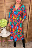 Orange & Blue & Fuchsia flower printed 3/4 sleeves women dress GJQ16289 (BS7)