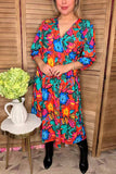 Orange & Blue & Fuchsia flower printed 3/4 sleeves women dress GJQ16289 (BS7)