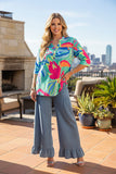 Chic abstract ruffle buttoned v-neckline 3/4 sleee women's boutique top GJQ16302