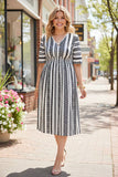 Black & White Geometric Short Sleeve Women Midi Dress w/slit GJQ16338 AS12