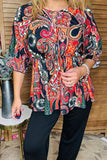 Western plus size paisley printed 3/4 sleeve women top w/criss cross neckline GJQ16384(ES9)