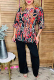 Western plus size paisley printed 3/4 sleeve women top w/criss cross neckline GJQ16384(ES9)