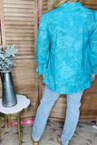 Plus size western teal ruffle edge 3/4 sleeves women blouse GJQ16431(ES8)