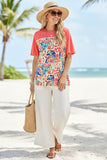 Chic tropical floral & coral lace trim women's boutique top Southern Stitch GJQ16436 (CS2)
