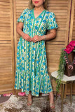 Trendy blue floral print puff sleeve women's boutique dress Southern Stitch GJQ17294