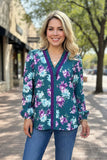 Western floral print long sleeve ruffle women's boutique top Southern Stitch GJQ17492