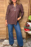 Western brown dots 3/4 sleeve women's boutique blouse Southern Stitch GJQ17634