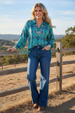 Western turquoise aztec print long sleeve women's boutique top Southern Stitch GJQ17515