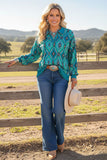 Western turquoise aztec print long sleeve women's boutique top Southern Stitch GJQ17515