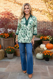 Chic green floral 3/4 sleeve women's boutique top Southern Stitch GJQ17517