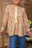 Chic floral printed cream buttons long sleeve women's boutique top GJQ17521
