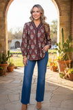 Western floral long sleeve brown women's boutique blouse Southern Stitch GJQ17531
