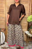 Western solid color brown 3/4 sleeve women's boutique top GJQ17535