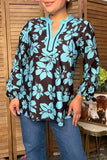 Western turquoise & brown floral print long sleeve women's boutique top GJQ17601