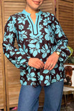 Western turquoise & brown floral print long sleeve women's boutique top GJQ17601