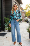 Western turquoise & brown floral print long sleeve women's boutique top GJQ17601