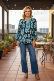 Western turquoise & brown floral print long sleeve women's boutique top GJQ17601