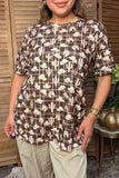 Western hats & cactus & horse print brown short sleeve women's boutique top GJQ17606