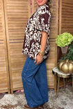 Western floral print dark brown women's boutique top (Mock placket) GJQ17609