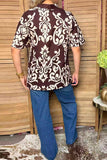 Western floral print dark brown women's boutique top (Mock placket) GJQ17609