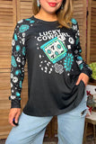 Western lucky cowgirl long sleeve black women's boutique top Southern Stitch GJQ17621 GS5