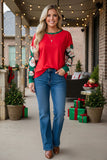 Western Santa print long sleeve & red Christmas women's boutique top GJQ17624