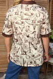 Western cowboy print & medal studs short sleeve women's boutique top GJQ17673
