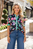 Trendy floral & green & pink stripe short sleeve women's boutique top Southern Stitch GJQ17690