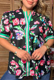 Trendy floral & green & pink stripe short sleeve women's boutique top Southern Stitch GJQ17690