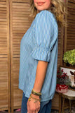 Chic blue stripe ruffle sleeves loose fit women's boutique top Southern Stitch GJQ17694