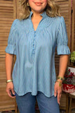Chic blue stripe ruffle sleeves loose fit women's boutique top Southern Stitch GJQ17694
