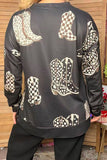 Western leopard & checkered boots print long sleeve women's boutique top GJQ17713