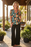 Western floral printed turquoise & orange ruffle short sleeve women's boutique top GJQ17731