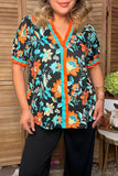 Western floral printed turquoise & orange ruffle short sleeve women's boutique top GJQ17731