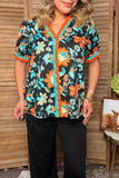 Western floral printed turquoise & orange ruffle short sleeve women's boutique top GJQ17731